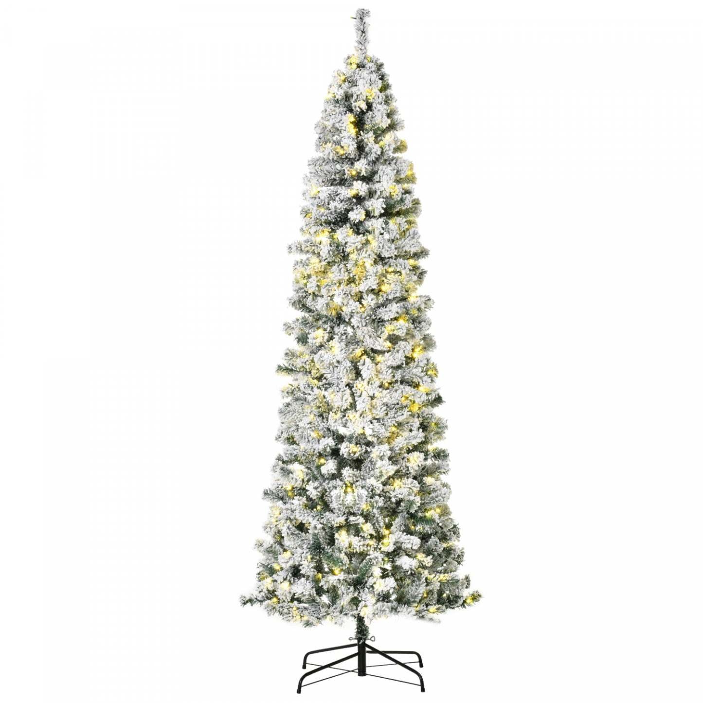 Homcom Arbre De Noël En Forme De Crayon Floqué De Neige Artificielle Pré-éclairé De 7.5 Pieds Avec 350 Lumières LED Blanc Chaud Et 641 Pointes De Branche