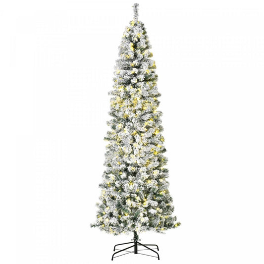Homcom Arbre De Noël En Forme De Crayon Floqué De Neige Artificielle Pré-éclairé De 7.5 Pieds Avec 350 Lumières LED Blanc Chaud Et 641 Pointes De Branche
