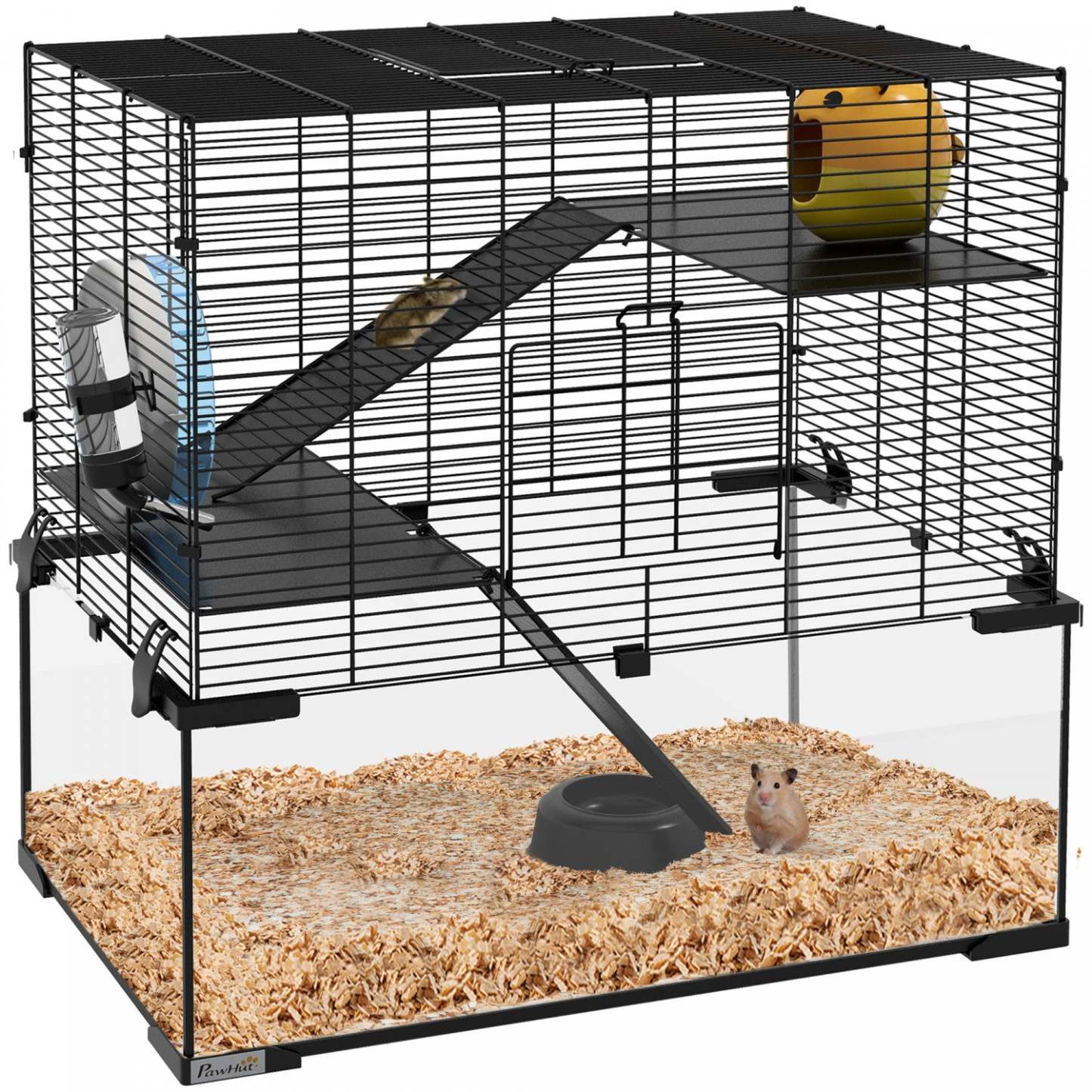 Pawhut Cage à Hamster, Cage à Gerbille Avec Bassin En Verre, Rampes, Plates-formes, Hutte, Roue D'Exercice, Pour Syrien|Pawhut Cage A Hamster 23.6 L X 15.7 L, Cage A Gerbilles Avec Bassin En Verre, Rampes, Plates-forme