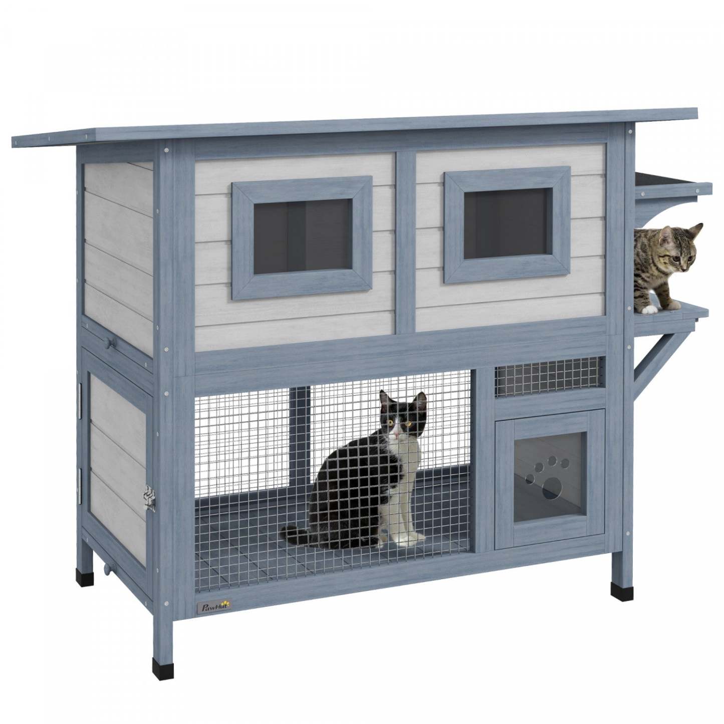 Pawhut Niche D'exterieur Pour Chat, Abri En Bois A 2 Niveaux Avec Porte D'Évasion, Toit Résistant Aux Intempéries, Saut