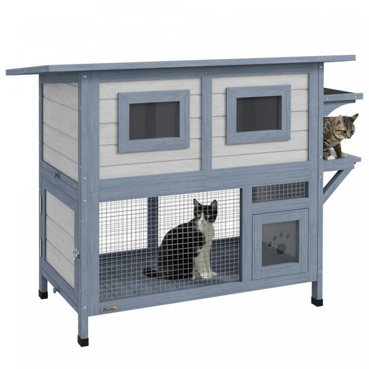 Pawhut Niche D'exterieur Pour Chat, Abri En Bois A 2 Niveaux Avec Porte D'Évasion, Toit Résistant Aux Intempéries, Saut