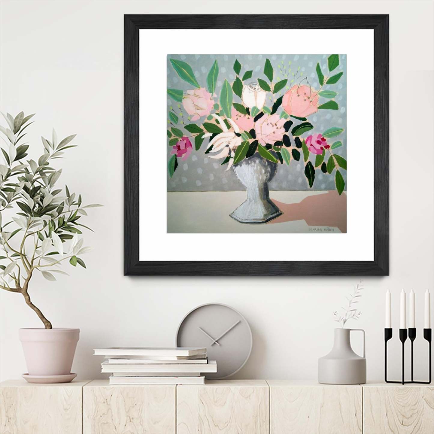Spring Florals 1 Matted and Framed Black 36x36 Wall Art|Œuvre d'art murale encadrée noire et mate « Spring Florals 1 » 36 x 36