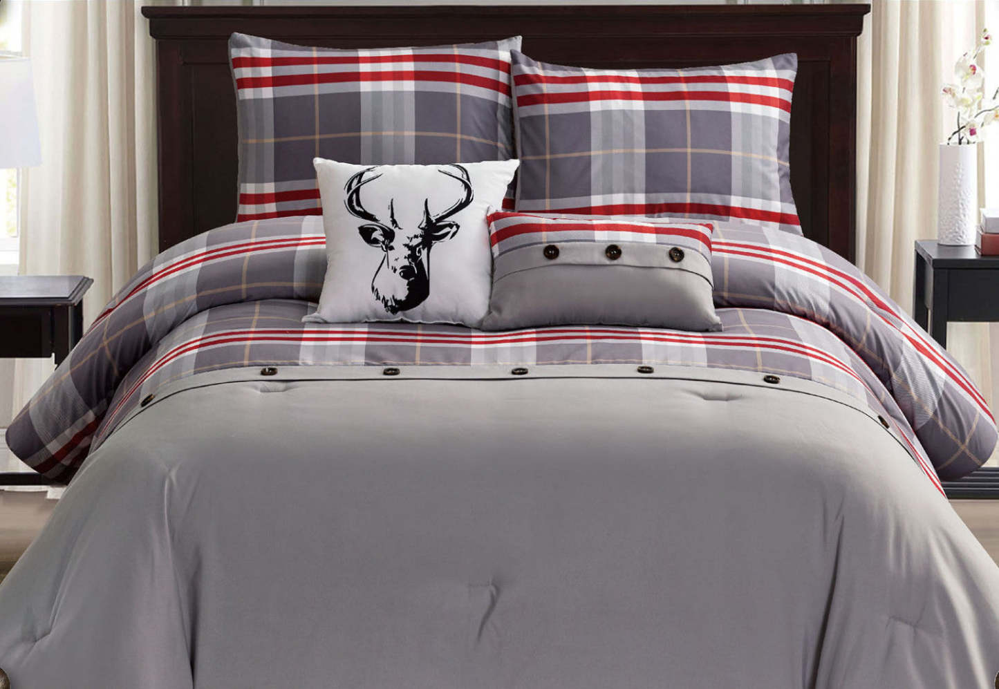 Lodge 5 Piece Queen Comforter Set - Grey|Ensemble d'édredon Lodge 5 pièces à carreaux pour grand lit - gris|D26MGZXX