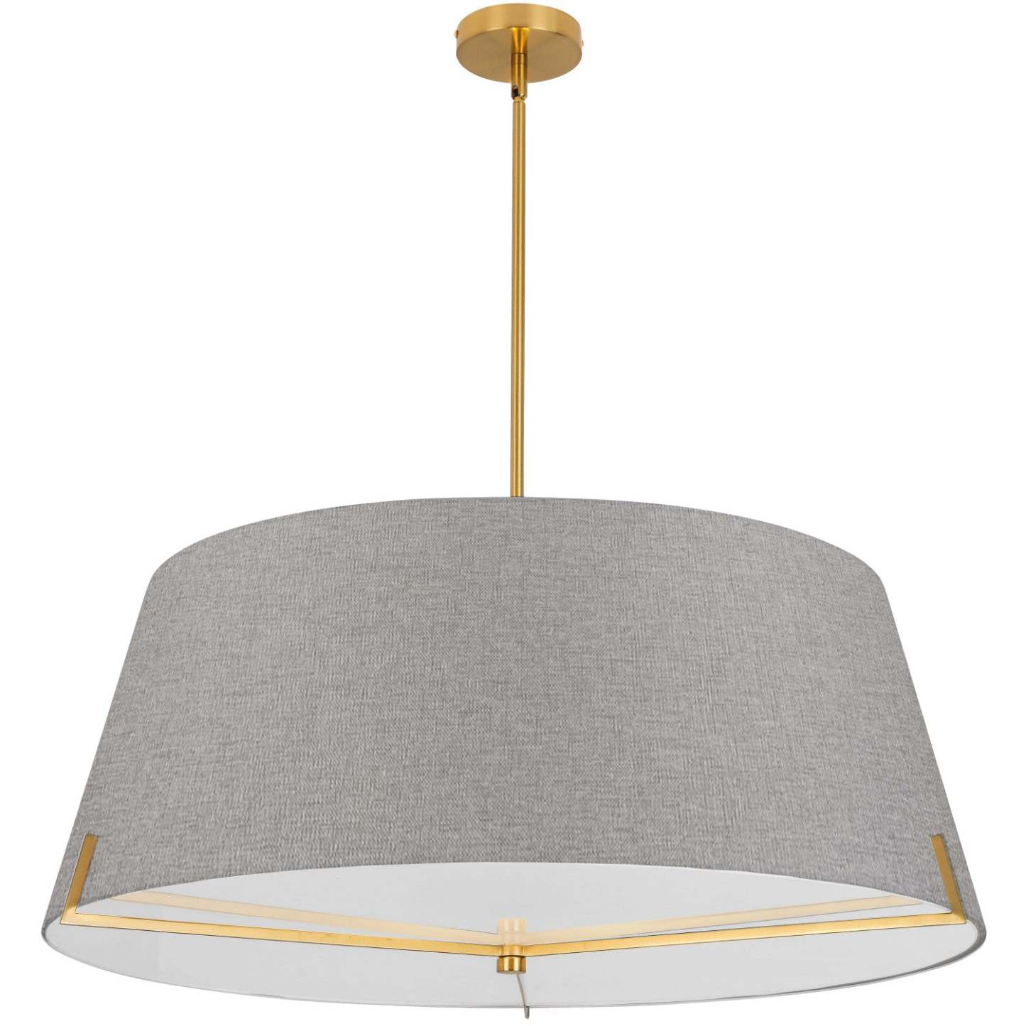 Dainolite Preston 4 Light Pendant 33 Dia Aged Brass Grey Fabric Shade Lamp|Luminaire suspendu Preston de Dainolite de 33 po de diamètre avec abat-jour en tissu gris, fini laiton vieilli et 4 ampoules