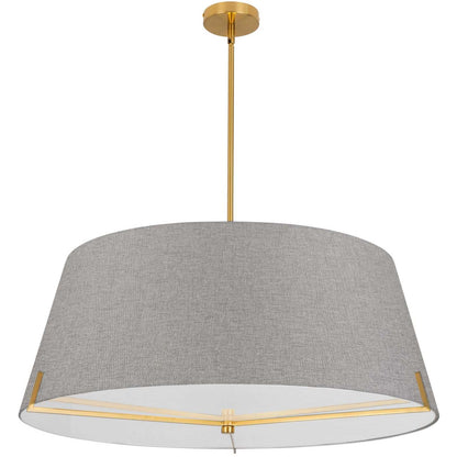 Dainolite Preston 4 Light Pendant 33 Dia Aged Brass Grey Fabric Shade Lamp|Luminaire suspendu Preston de Dainolite de 33 po de diamètre avec abat-jour en tissu gris, fini laiton vieilli et 4 ampoules