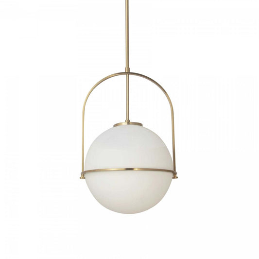 Dainolite Paola 1 Light Pendant Small Aged Brass White Opal Glass Lamp|Petit luminaire suspendu Paola de Dainolite en verre blanc opale, avec fini laiton vieilli et 1 ampoule