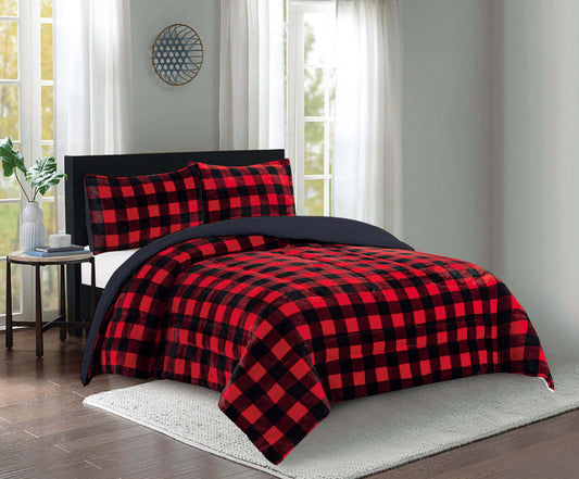 Buffalo Check 3-Piece Queen Comforter Set - Black/Red|Ensemble d'édredon Buffalo Check 3 pièces à carreaux pour grand lit - noir et rouge|D2CD2G28