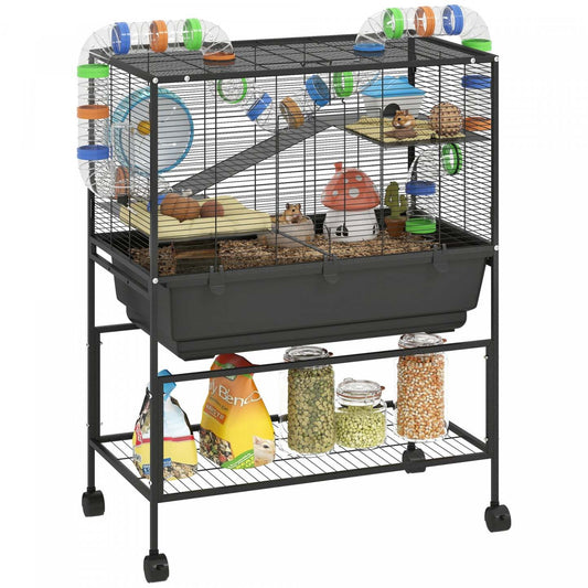 Cage à hamster grande Pawhut avec 7 bacs profonds, cage à gerbille à 3 niveaux avec étagère de rangement, grande roue d'exercice, système de tubes, cabane, plateformes, rampes, pour syrien, gerbille, rat