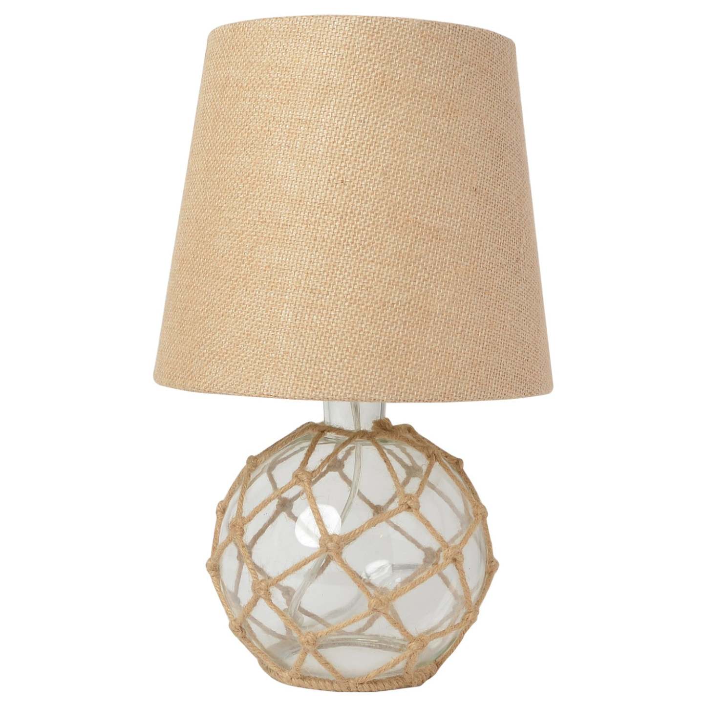 Elegant Designs Bouée Corde Nautique Filet Côtier Océan Mer Lampe de Table en Verre avec Abat-Jour en Toile de Jute, Transparent|Lampe de table Elegant Designs bouée en verre entourée d'un filet de corde nautique, transparente|D215MEIC
