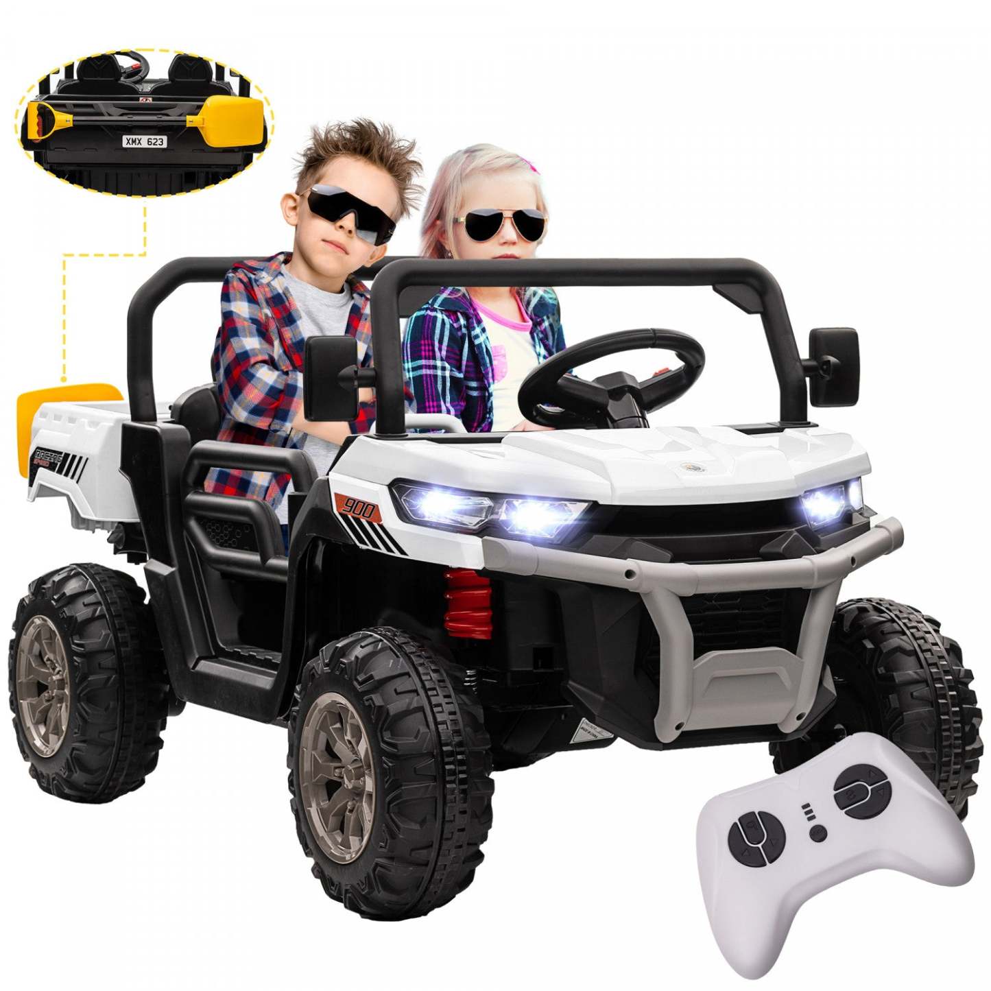 Aosom voiture à deux places, 12v 7ah UTV pour enfants, camion benne à conduire avec benne électrique et pelle, télécommande, suspension à 4 ressorts, musique, lumières, pour garçons et filles, noir