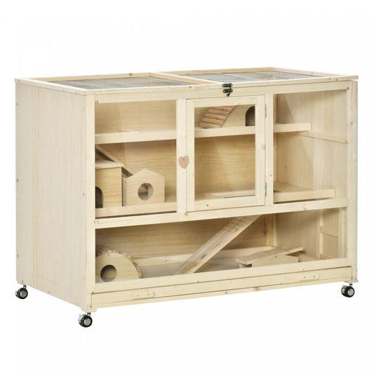Pawhut Cage A Hamster En Bois, Cage A Rats A 3 Niveaux Avec Toit Ouvrant, Echelles, Roues, Plateau,