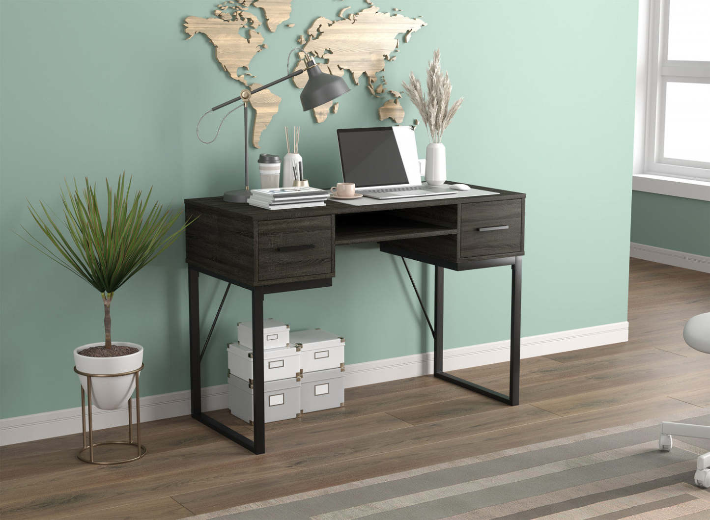 Bureau d'ordinateur 43" avec 2 tiroirs et 1 tablette - Gris foncé avec base en métal noir | Bureau d'ordinateur de 43 po avec 2 tiroirs et 1 tablette - gris foncé avec base en métal noir