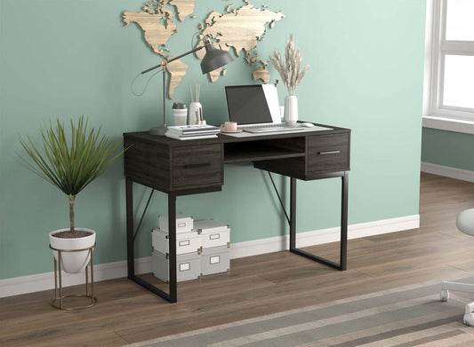 Bureau d'ordinateur 43" avec 2 tiroirs et 1 tablette - Gris foncé avec base en métal noir | Bureau d'ordinateur de 43 po avec 2 tiroirs et 1 tablette - gris foncé avec base en métal noir
