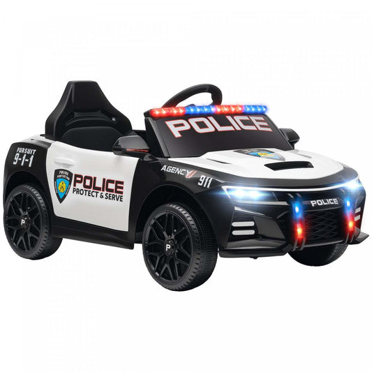 Qaba Kids Voiture de Police Électrique, Voiture Alimentée par Batterie 12v avec Télécommande, Sirènes, Lumières Clignotantes, Musique, Klaxon, Amortisseurs, Véhicule Électrique pour Garçons et Filles, Blanc