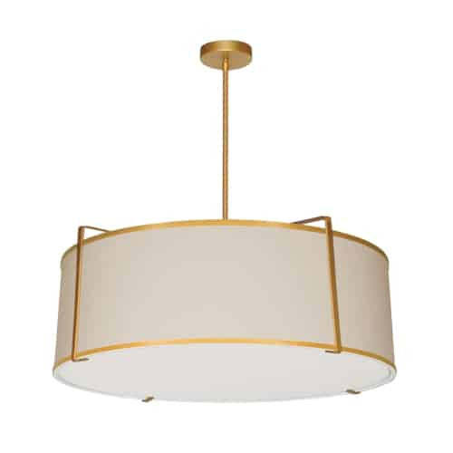 Dainolite Trapezoid 4 Light Pendant Drum Gold/Cream Shade White Fabric Diffuser Lamp|Luminaire suspendu Trapezoid de Dainolite avec abat-jour cylindrique doré et crème qui diffuse la lumière, tissu blanc et 4 ampoules