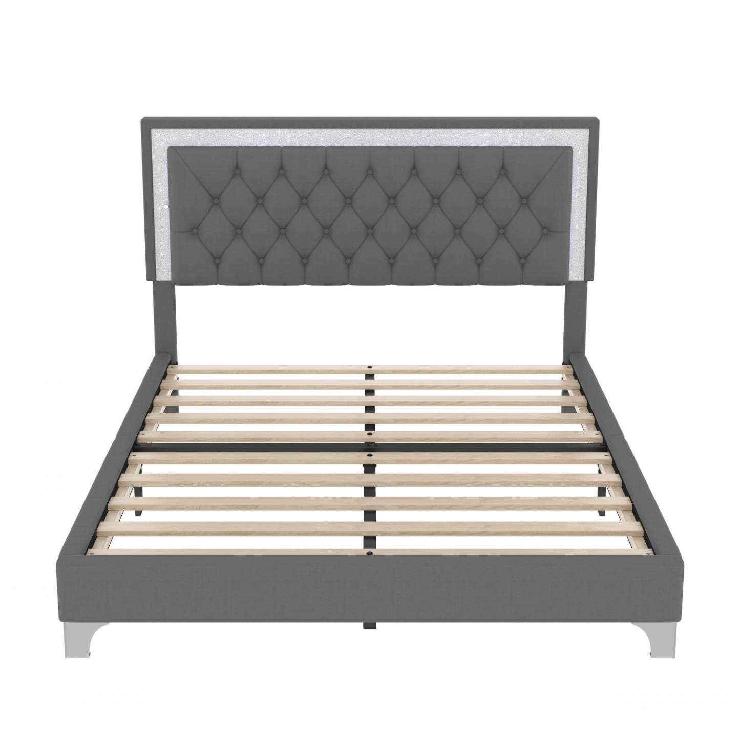 Cadre de lit rembourré Sophia avec lumières LED et tête de lit capitonnée en velours, queen size, lit queen gris | Cadre De Lit Sophia Tapisse Avec Eclairage Led Et Tete De Lit Capitonnee En Velours, Taille Queen, Gris