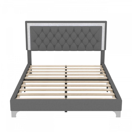 Cadre de lit rembourré Sophia avec lumières LED et tête de lit capitonnée en velours, queen size, lit queen gris | Cadre De Lit Sophia Tapisse Avec Eclairage Led Et Tete De Lit Capitonnee En Velours, Taille Queen, Gris