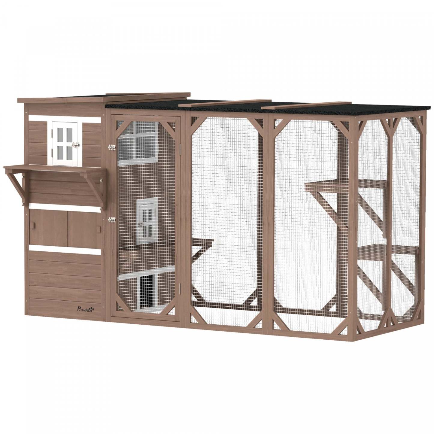 Pawhut Maison en Bois pour Chats, 76l Maison de Chats Extérieure avec Toit en Asphalte, Plates-formes, Portes Verrouillables, Condo de Repos à 3 Niveaux, Fenêtre d'Observation, Pour 2-3 Chats, Marron