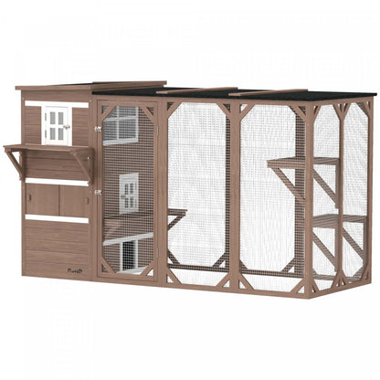 Pawhut Maison en Bois pour Chats, 76l Maison de Chats Extérieure avec Toit en Asphalte, Plates-formes, Portes Verrouillables, Condo de Repos à 3 Niveaux, Fenêtre d'Observation, Pour 2-3 Chats, Marron