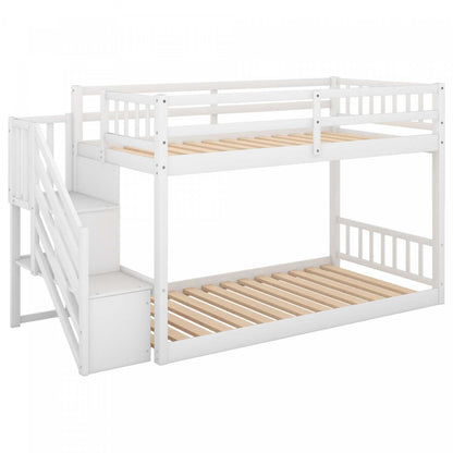 Joanna Lit Superposé Bas En Bois Massif Avec Échelle De Rangement, Design À Faible Hauteur - Blanc | Joanna – Bunk Bed Solid Wood Low Height Design With Storage Ladder - White