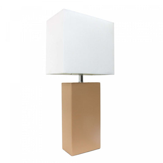 Lampe de table moderne Elegant Designs en cuir beige avec abat-jour en tissu blanc | D21AG93G