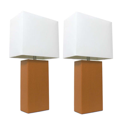 Ensemble 2 lampes de table modernes en cuir brun clair avec abat-jours en tissu blanc, Ensemble de lampes tan | Elegant Designs | D21Q50X2