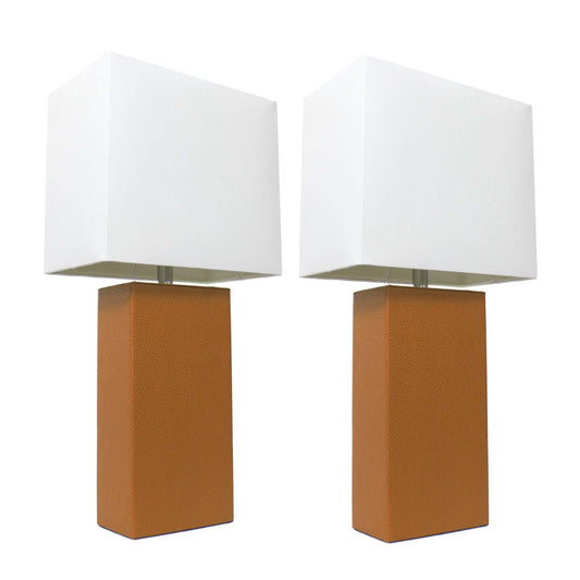 Ensemble 2 lampes de table modernes en cuir brun clair avec abat-jours en tissu blanc, Ensemble de lampes tan | Elegant Designs | D21Q50X2