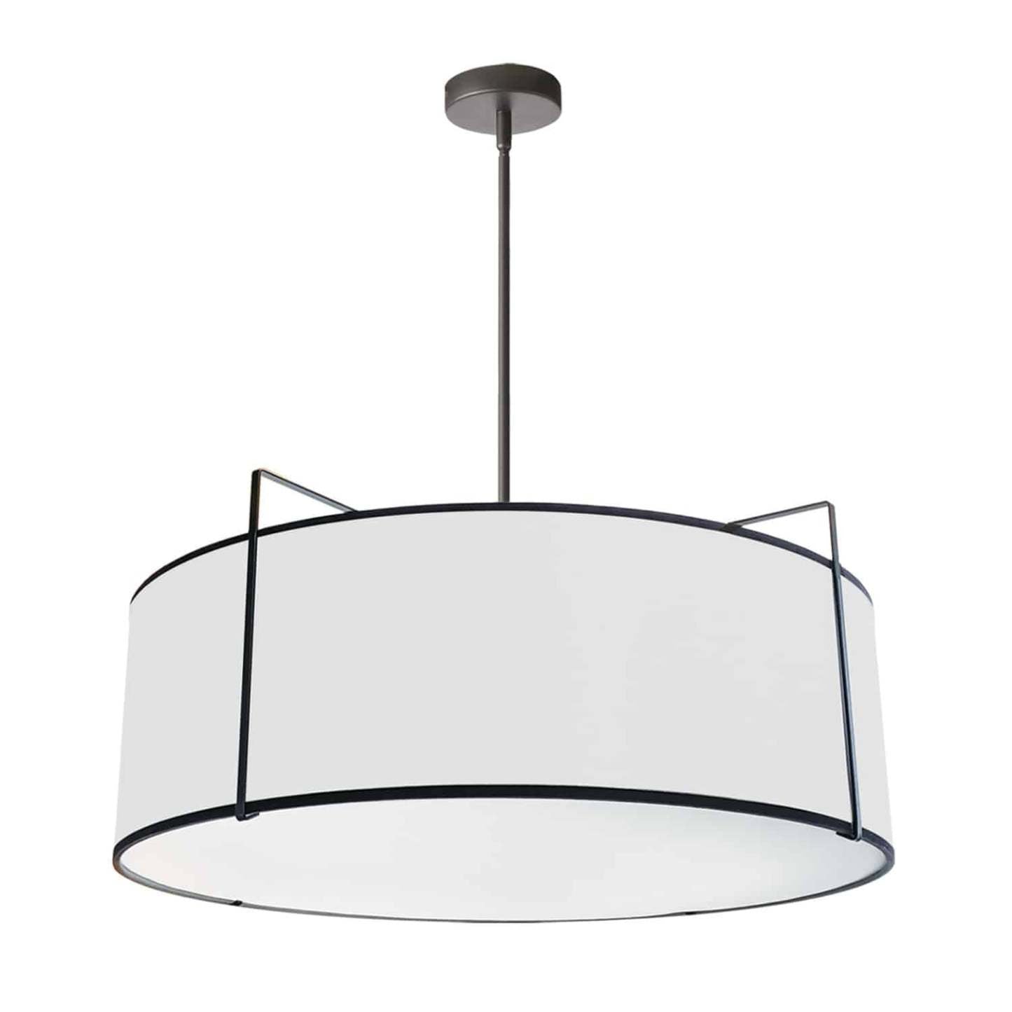 Dainolite Trapezoid 4 Light Pendant Drum Black/White Shade White Fabric Diffuser Black Lamp|Luminaire suspendu Trapezoid de Dainolite avec abat-jour cylindrique noir et blanc qui diffuse la lumière, tissu blanc, fini noir et 4 ampoules