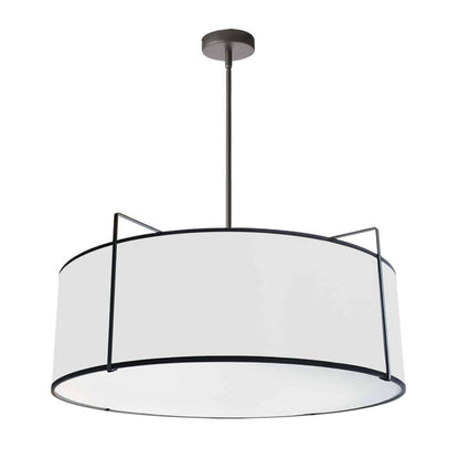 Dainolite Trapezoid 4 Light Pendant Drum Black/White Shade White Fabric Diffuser Black Lamp|Luminaire suspendu Trapezoid de Dainolite avec abat-jour cylindrique noir et blanc qui diffuse la lumière, tissu blanc, fini noir et 4 ampoules