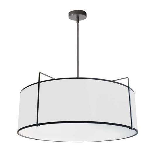 Dainolite Trapezoid 4 Light Pendant Drum Black/White Shade White Fabric Diffuser Black Lamp|Luminaire suspendu Trapezoid de Dainolite avec abat-jour cylindrique noir et blanc qui diffuse la lumière, tissu blanc, fini noir et 4 ampoules