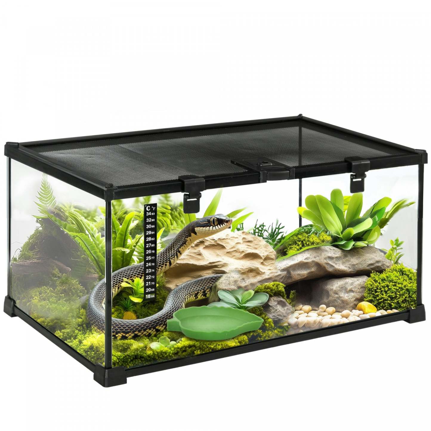 Pawhut Terrarium en Verre pour Reptiles, 20x12x10 Enclos pour Araignées Sautantes avec Thermomètre, Bassin d'Eau, Vue Complète Visuelle pour Lézards, Grenouilles Cornues, Serpents, Araignées - Noir