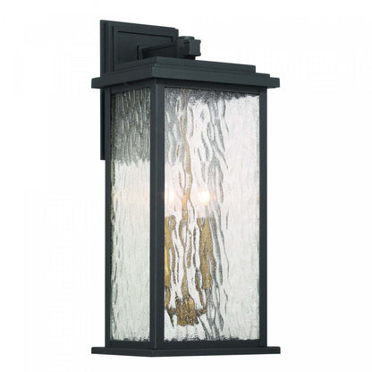 Applique murale extérieure Estate à 2 lumières 19, noir, laiton avec lampe en verre de pluie | Applique Murale D'extérieur Estate A 2 lampes De 19 po, Noir Et Laiton Avec Verre A Gouttelettes