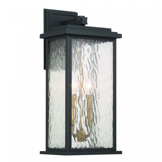 Applique murale extérieure Estate à 2 lumières 19, noir, laiton avec lampe en verre de pluie | Applique Murale D'extérieur Estate A 2 lampes De 19 po, Noir Et Laiton Avec Verre A Gouttelettes