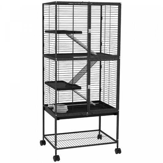 Pawhut Petite Cage Pour Animaux Avec Roues, Parc Pour Animaux De Compagnie Pour Rat, Chaton, Furets, Chinchillas Avec Fond | Pawhut Cage A Furet Roulant 53,5 Po De Hauteur Pour Petits Animaux, Cage A 4 Niveaux Pour Chinchilla