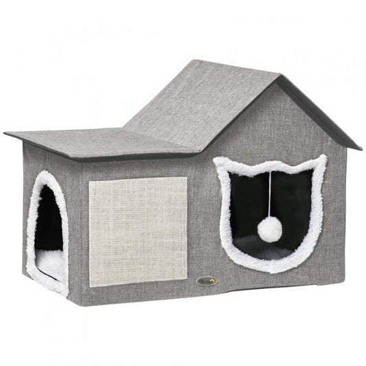 Lit pour chat Pawhut pour intérieur, grande maison pour chat avec coussin doux, tapis à gratter, balle suspendue, condo pour chaton avec deux entrées, gris