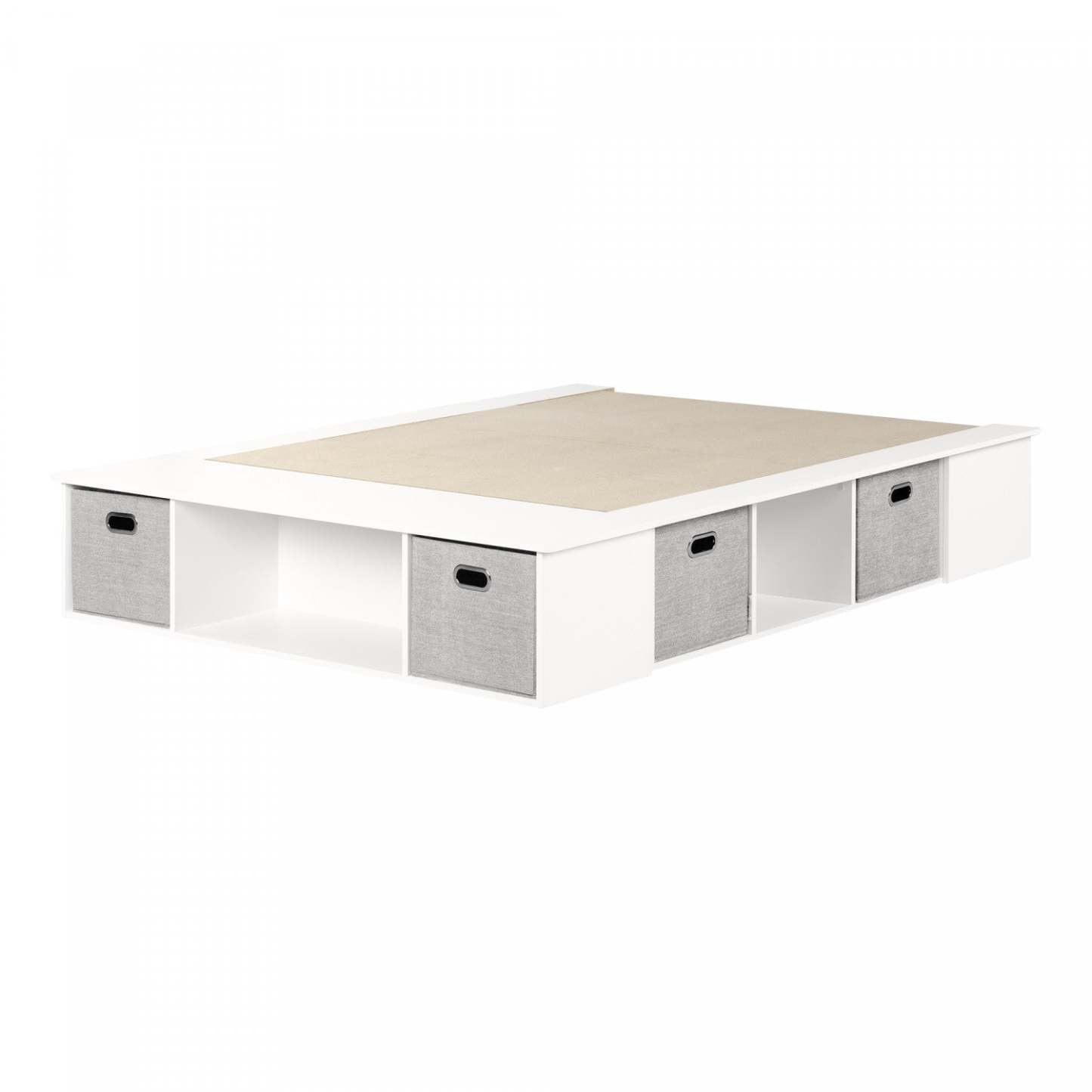 Lit plateforme de rangement flexible avec paniers - Blanc pur | Plateforme De Lit Flexible Avec Paniers - Blanc Solide