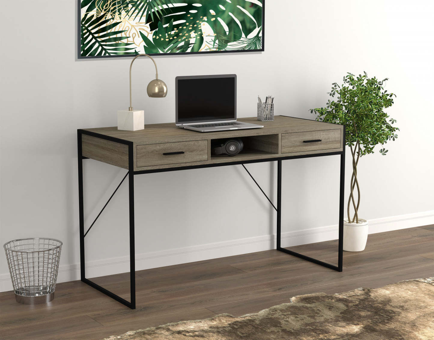 Bureau d'ordinateur de 48 po avec 2 tiroirs et 1 tablette - taupe foncé avec base en métal noir