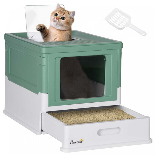 Pawhut Bac À Litière Pour Chat, Bac À Litière Enclos Avec Entrée Par Le Dessus Avec Pelle, Plateau, Bac À Litière Portable Pliable