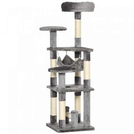 Pawhut Cat Tree, 52 Multi-level Cat Tower With Hammock, Cat Bed, Sisal Scratching Posts, Grey|Pawhut 52 Multi-niveaux Arbre À Chat Tour Chaton Griffoir Centre D'activités Maison De Jeu Avec Ham