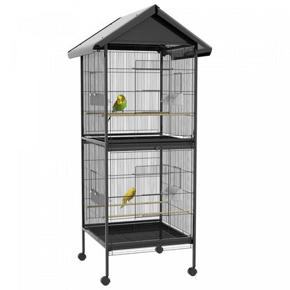 Pawhut Cage A Oiseaux En Metal Forge Avec Support Roulant, Conteneurs Alimentaires Portes Roues 67 H