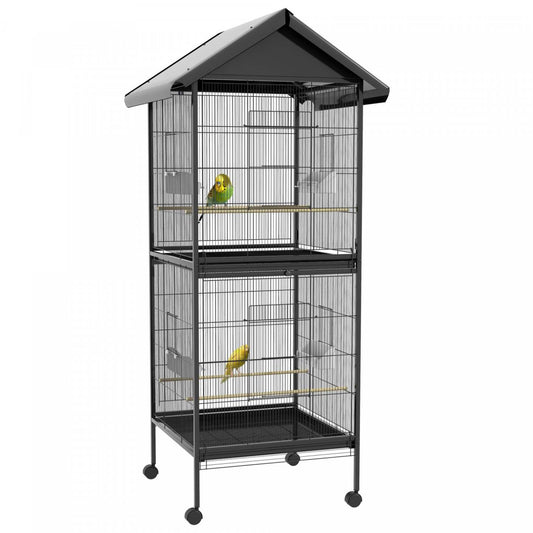 Pawhut Cage A Oiseaux En Metal Forge Avec Support Roulant, Conteneurs Alimentaires Portes Roues 67 H