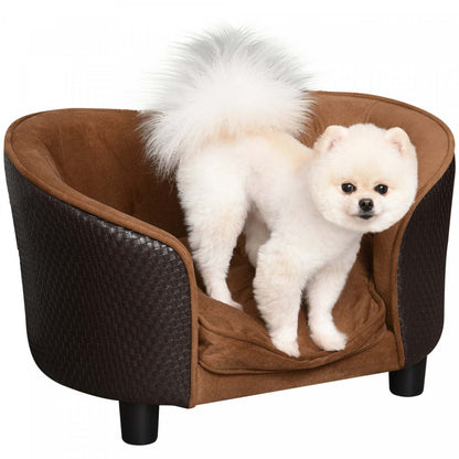 Pawhut Rotin Style Pet Dog Cat Sofa Pet Bed Warm Dog Bed Chair With Amovible Lavable Cushion Pour |Canapé Pour Chien Chat - Lit De Chien - Panier - Accoudoirs, Dossier, Coussin Amovible Dehoussable -