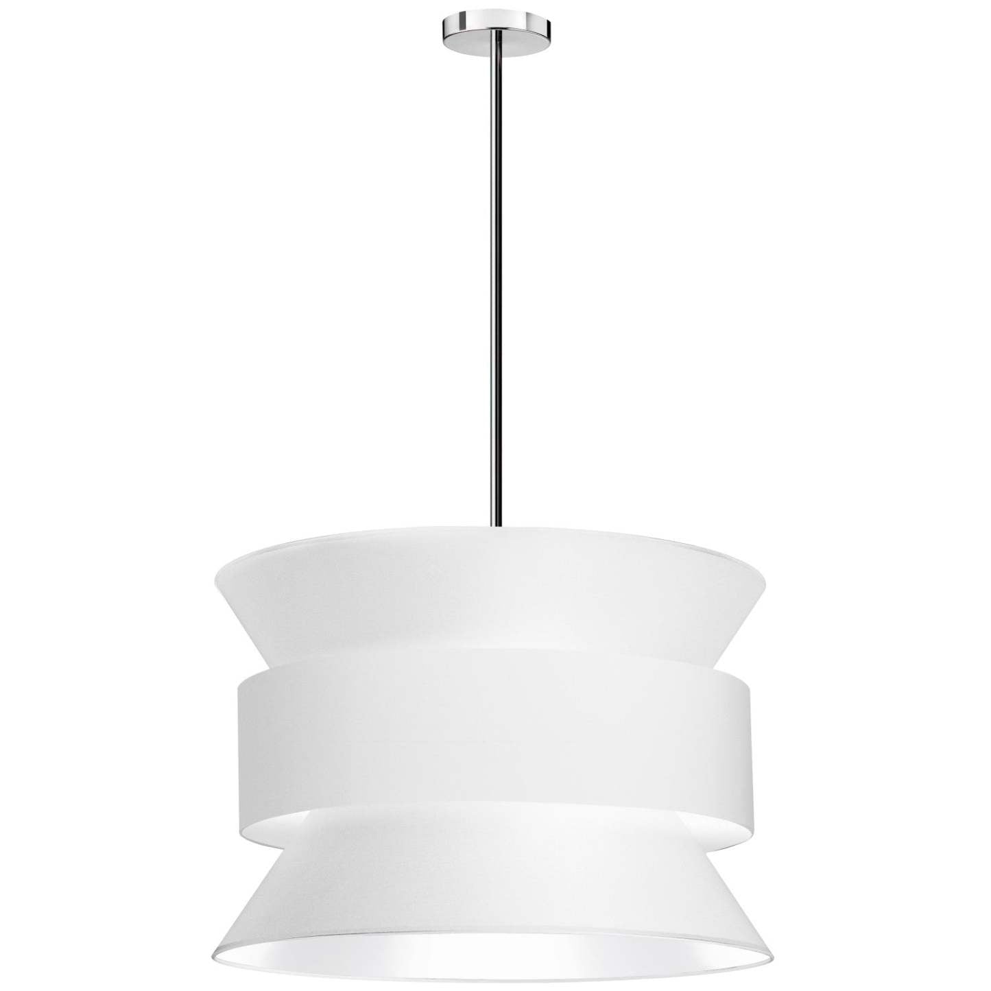 Dainolite Questa 4 Light Pendant Poli Chrome White Shades Lamp|Luminaire suspendu Questa de Dainolite avec abat-jour blancs, fini chromé poli et 4 ampoules