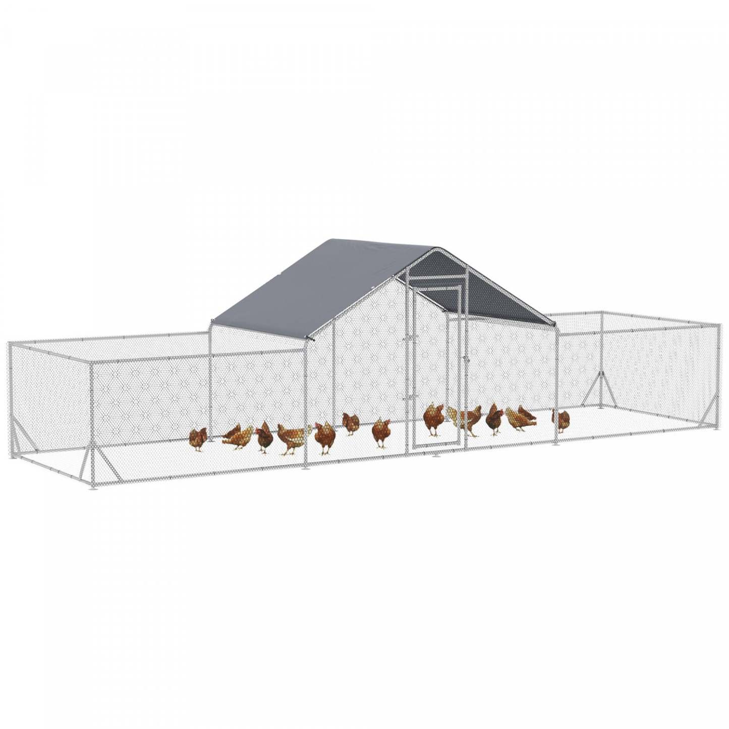 Pawhut Chicken Run, 23' X 6.6' Metal Chicken Coop With Waterproof And Anti-uv Cover, Spire Roof, Doo|Pawhut Grand Poulailler D'extérieur Pour 12 À 14 Poulets, Poulailler En Métal Avec Couvercle Pour Fe