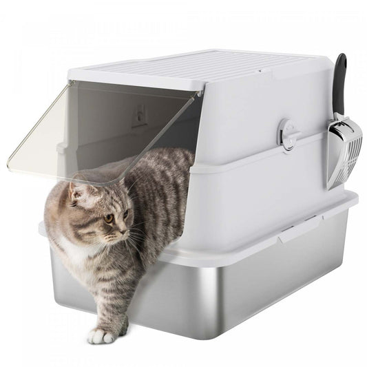 Pawhut Xl Boîte à Litière en Acier Inoxydable pour Chats avec Couvercle, Boîte à Litière Métallique Enfermée Extra Grande pour Grands Chats avec Pelle, Couvercle Rabattable, Facile à Nettoyer et Sans Odeurs, Non-collante