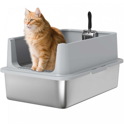 Pawhut Bac à Litière en Acier Inoxydable, Bac à Litière XL pour Grands Chats et Chats Multiples avec Parois Hautes, Pelle, Anti-fuite, Facile à Nettoyer et Sans Odeur