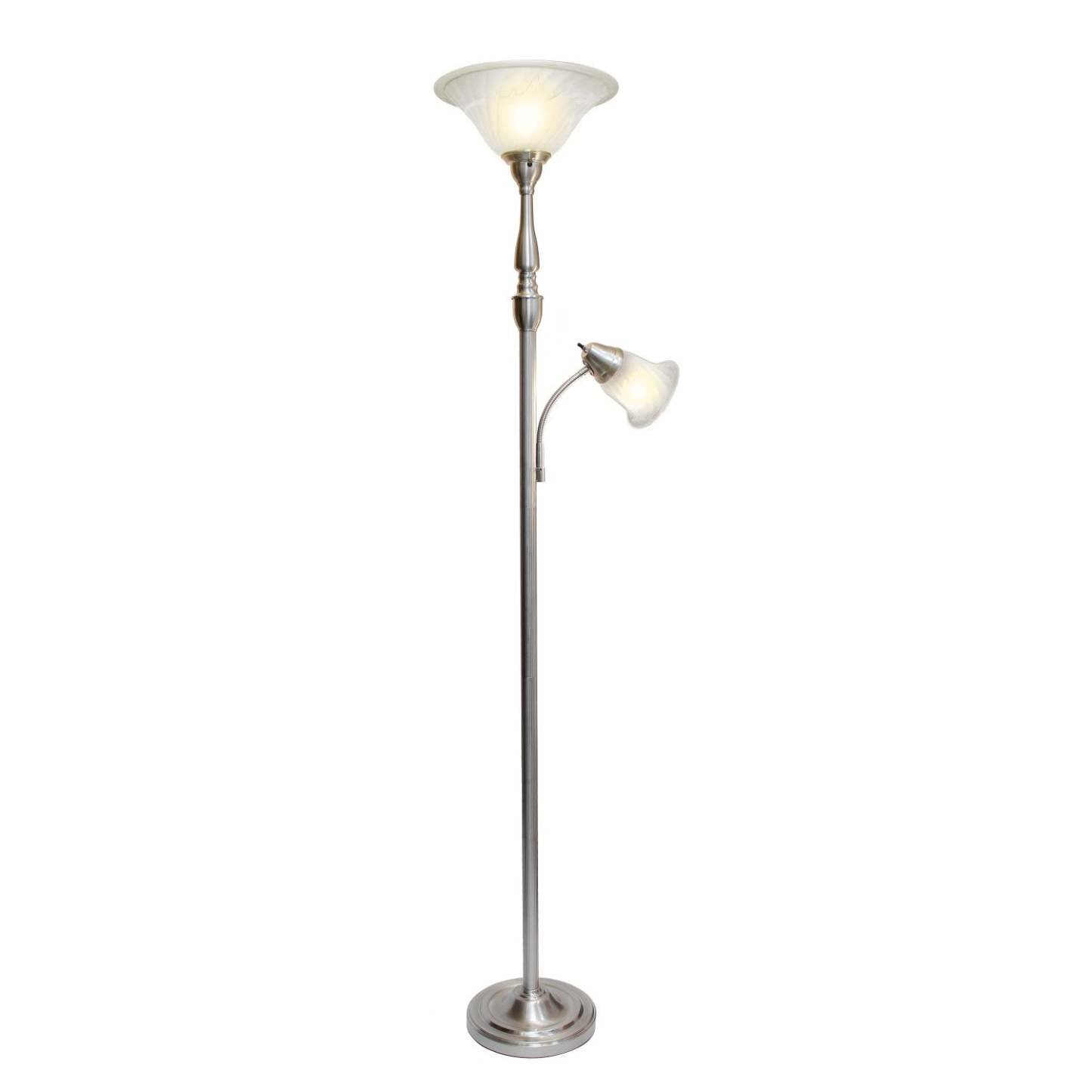 Elegant Designs 2 Light Mother Daughter Lampadaire avec verre en marbre blanc, nickel brossé|Lampe à pied mère et fille Elegant Designs à 2 ampoules avec verre marbré blanc, nickel brossé|D21F983I
