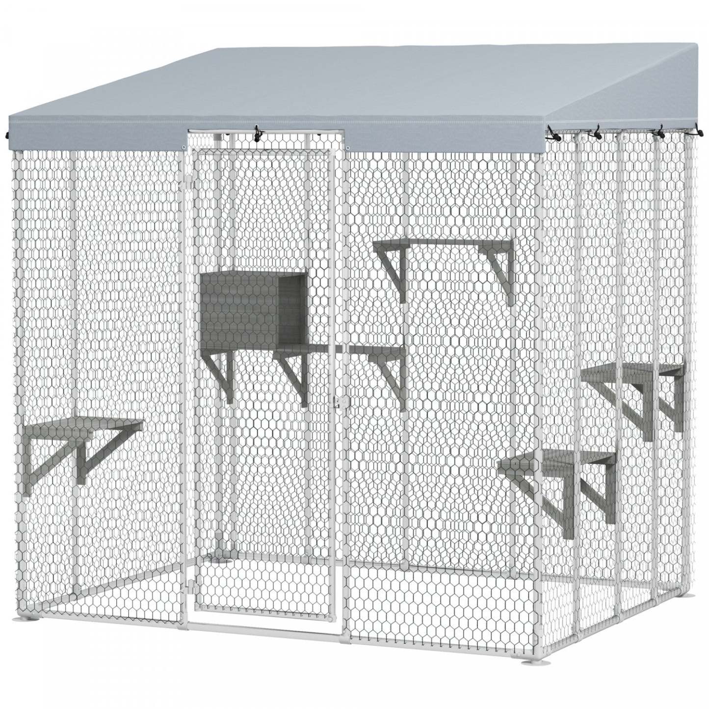 Pawhut Catio Enclos extérieur pour chats grand, 79 L Maison pour chats en acier renforcé avec auvent imperméable 420d, plusieurs plateformes, condo de repos, porte verrouillable, pour 1-3 grands chats