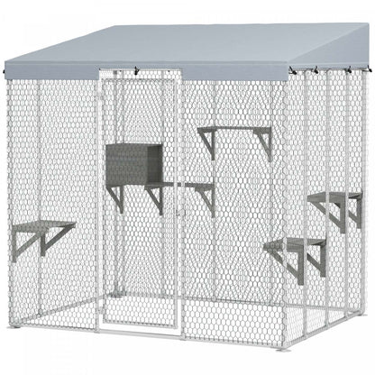 Pawhut Catio Enclos extérieur pour chats grand, 79 L Maison pour chats en acier renforcé avec auvent imperméable 420d, plusieurs plateformes, condo de repos, porte verrouillable, pour 1-3 grands chats