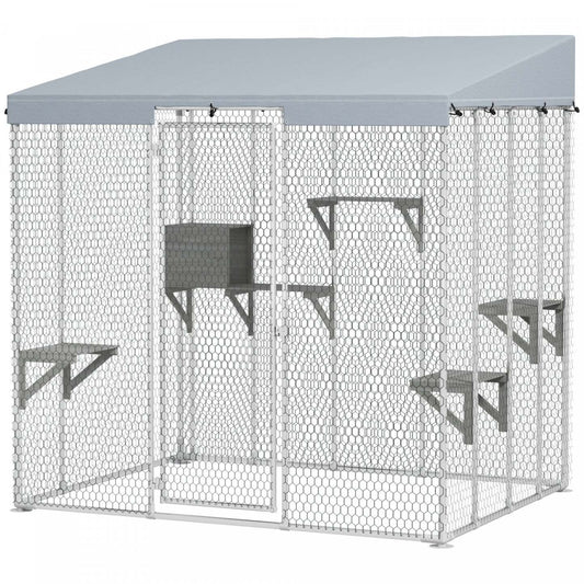 Pawhut Catio Enclos extérieur pour chats grand, 79 L Maison pour chats en acier galvanisé avec auvent imperméable 420d, plusieurs plateformes, condo de repos, porte verrouillable, pour 1-3 grands chats